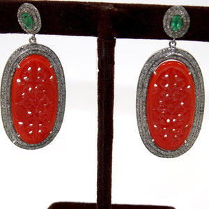 Antique Look Red Onyx Carving Stone Designer Earring Rosecut Pave Diamond Earring Silver Victorian Vintage Antique Look Handmade Earrings