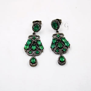 Antique Oxidized Look Emerald Earring Designer Rosecut Pave Diamond Earrings 925 Sterling Silver Handmade Silver Finish Diamond Earring