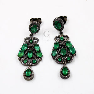 Antique Oxidized Look Emerald Earring Designer Rosecut Pave Diamond Earrings 925 Sterling Silver Handmade Silver Finish Diamond Earring