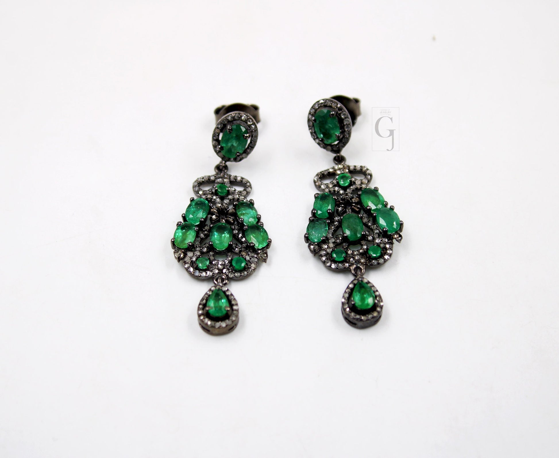 Antique Oxidized Look Emerald Earring Designer Rosecut Pave Diamond Earrings 925 Sterling Silver Handmade Silver Finish Diamond Earring