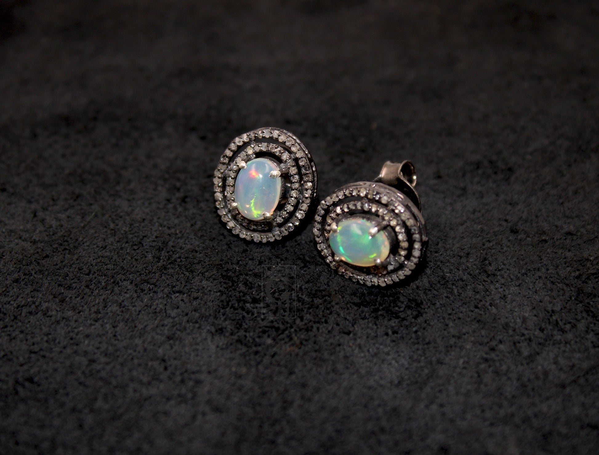 Natural Opal Oval Stud Earrings Tops Pave Rosecut Diamond 925 Sterling Silver Handmade Very Beautiful  Diamond Pave Stud Earrings