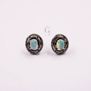 Natural Opal Oval Stud Earrings Tops Pave Rosecut Diamond 925 Sterling Silver Handmade Very Beautiful  Diamond Pave Stud Earrings