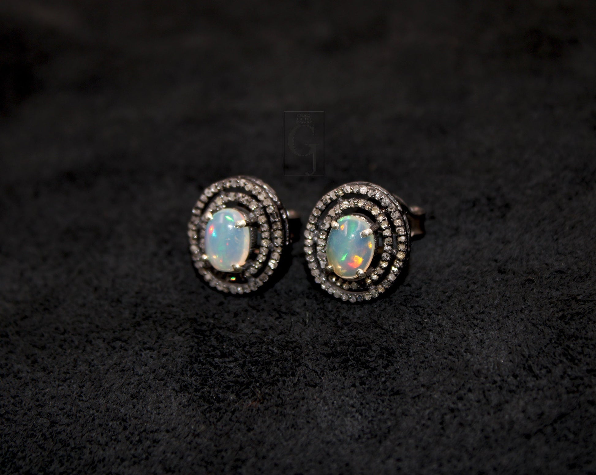 Natural Opal Oval Stud Earrings Tops Pave Rosecut Diamond 925 Sterling Silver Handmade Very Beautiful  Diamond Pave Stud Earrings