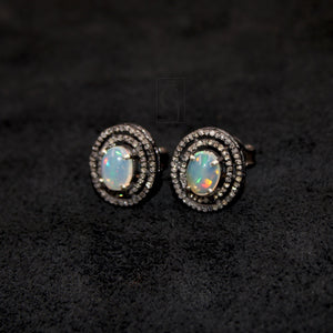 Natural Opal Oval Stud Earrings Tops Pave Rosecut Diamond 925 Sterling Silver Handmade Very Beautiful  Diamond Pave Stud Earrings