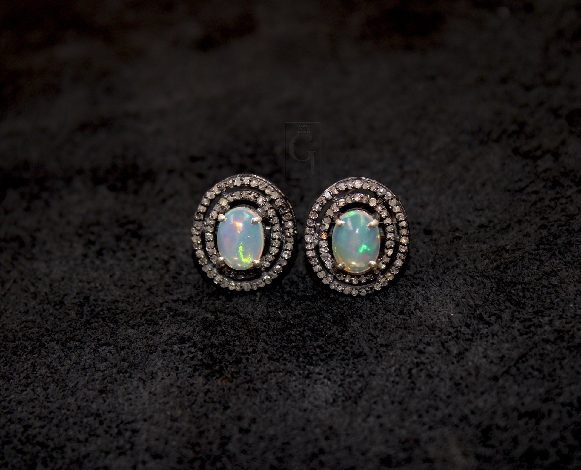 Natural Opal Oval Stud Earrings Tops Pave Rosecut Diamond 925 Sterling Silver Handmade Very Beautiful  Diamond Pave Stud Earrings