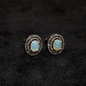 Natural Opal Oval Stud Earrings Tops Pave Rosecut Diamond 925 Sterling Silver Handmade Very Beautiful  Diamond Pave Stud Earrings