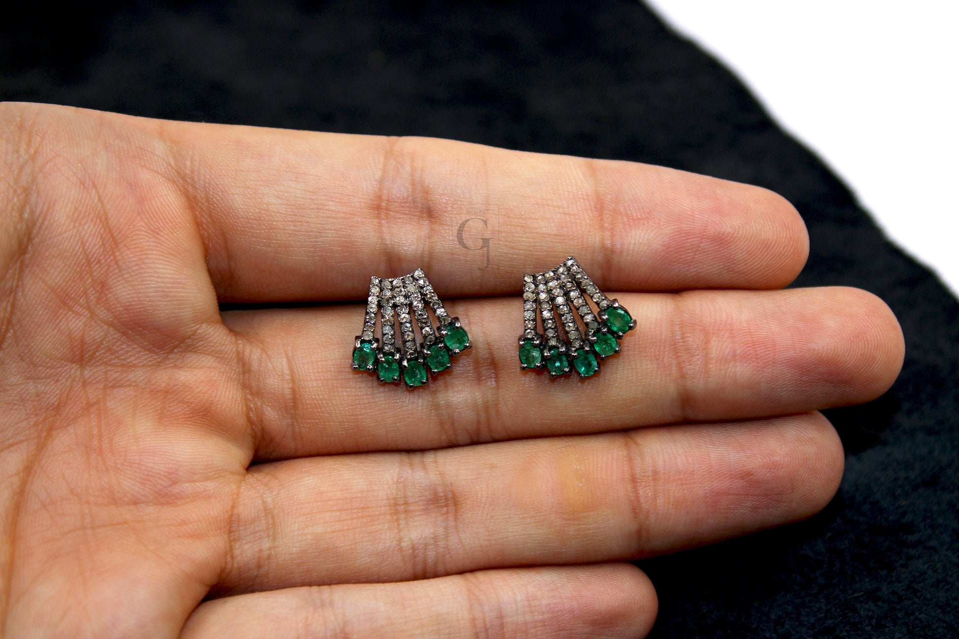 Beautiful Designer Emerald Stud Earrings Tops Pave Rosecut Diamond 925 Sterling Silver Handmade Diamond Pave Stud Earrings