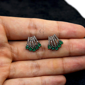 Beautiful Designer Emerald Stud Earrings Tops Pave Rosecut Diamond 925 Sterling Silver Handmade Diamond Pave Stud Earrings