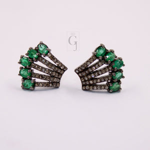 Beautiful Designer Emerald Stud Earrings Tops Pave Rosecut Diamond 925 Sterling Silver Handmade Diamond Pave Stud Earrings