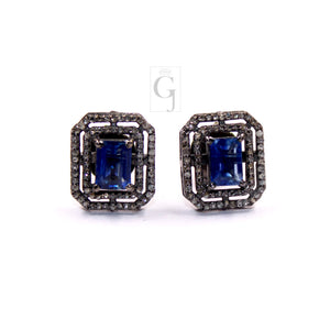 Very Beautiful Kyanite Stud Earrings Tops Pave Rosecut Diamond 925 Sterling Silver Handmade Diamond Pave Stud Earrings