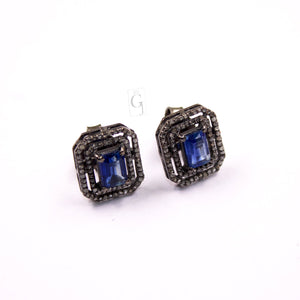 Very Beautiful Kyanite Stud Earrings Tops Pave Rosecut Diamond 925 Sterling Silver Handmade Diamond Pave Stud Earrings