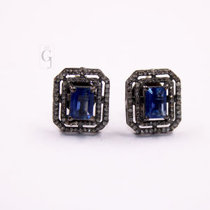 Very Beautiful Kyanite Stud Earrings Tops Pave Rosecut Diamond 925 Sterling Silver Handmade Diamond Pave Stud Earrings