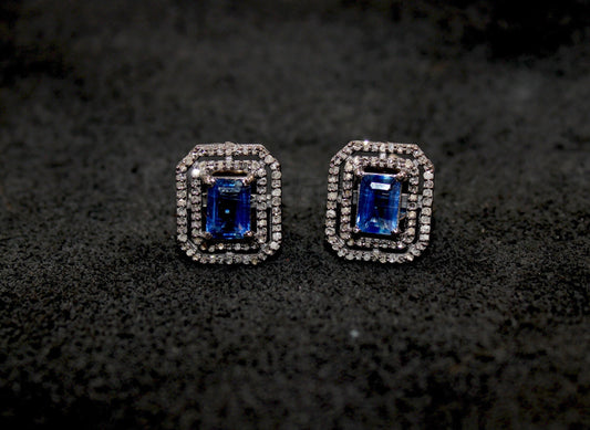 Very Beautiful Kyanite Stud Earrings Tops Pave Rosecut Diamond 925 Sterling Silver Handmade Diamond Pave Stud Earrings