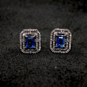 Very Beautiful Kyanite Stud Earrings Tops Pave Rosecut Diamond 925 Sterling Silver Handmade Diamond Pave Stud Earrings