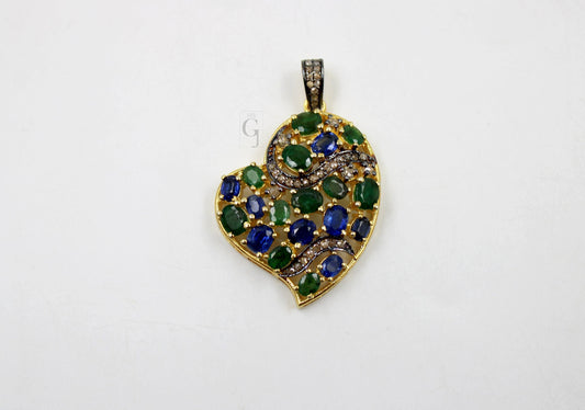 14k Gold Finish Look Emerald And Kyanite Pendant Rosecut Pave Diamond Pendant 925 Sterling Silver Handmade Finish Diamond Necklace Pendant
