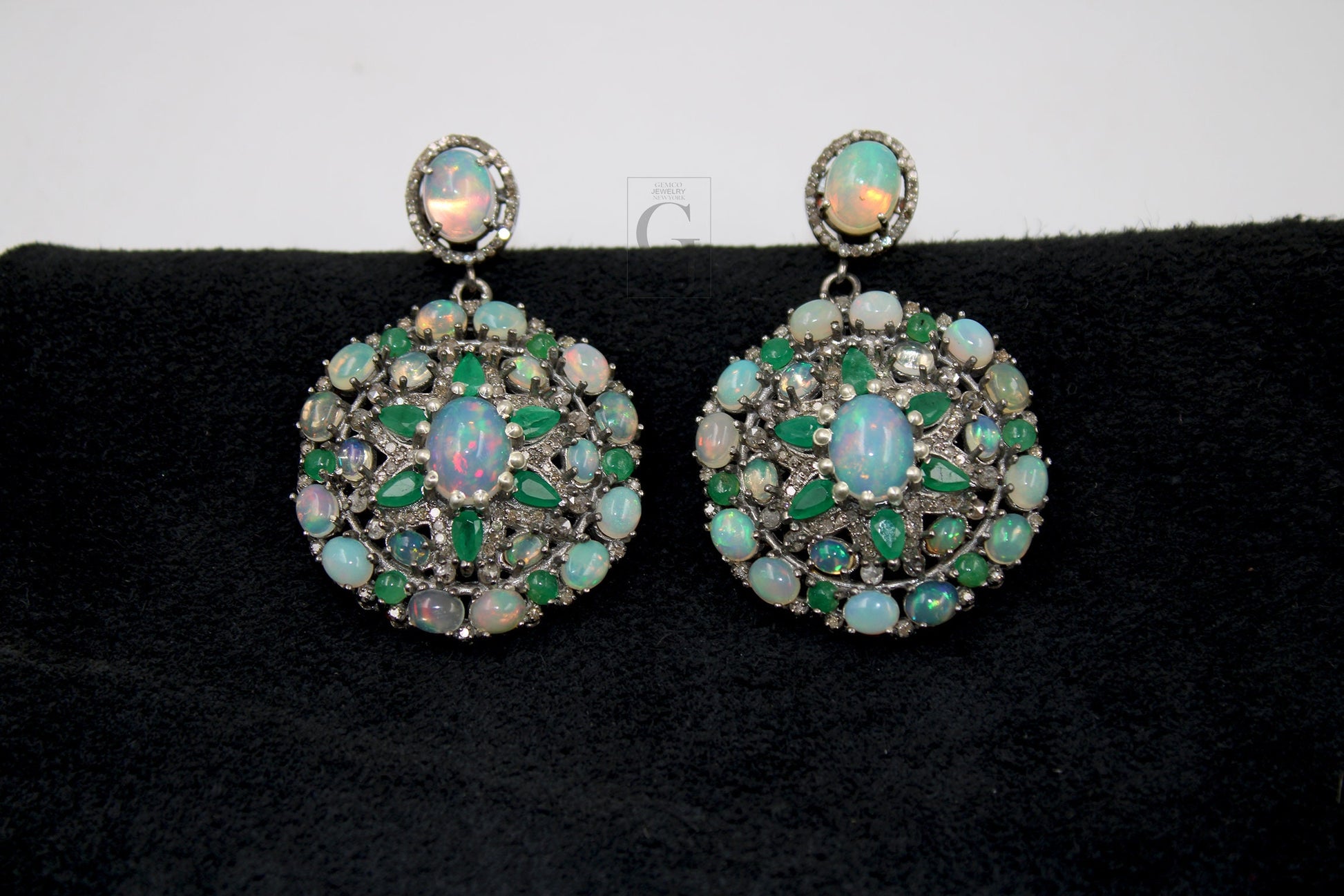 Antique Look Opal Emerald Earring Designer Earring Rosecut Pave Diamond Earrings 925 Sterling Silver Handmade Silver Finish Diamond Earring