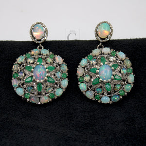 Antique Look Opal Emerald Earring Designer Earring Rosecut Pave Diamond Earrings 925 Sterling Silver Handmade Silver Finish Diamond Earring