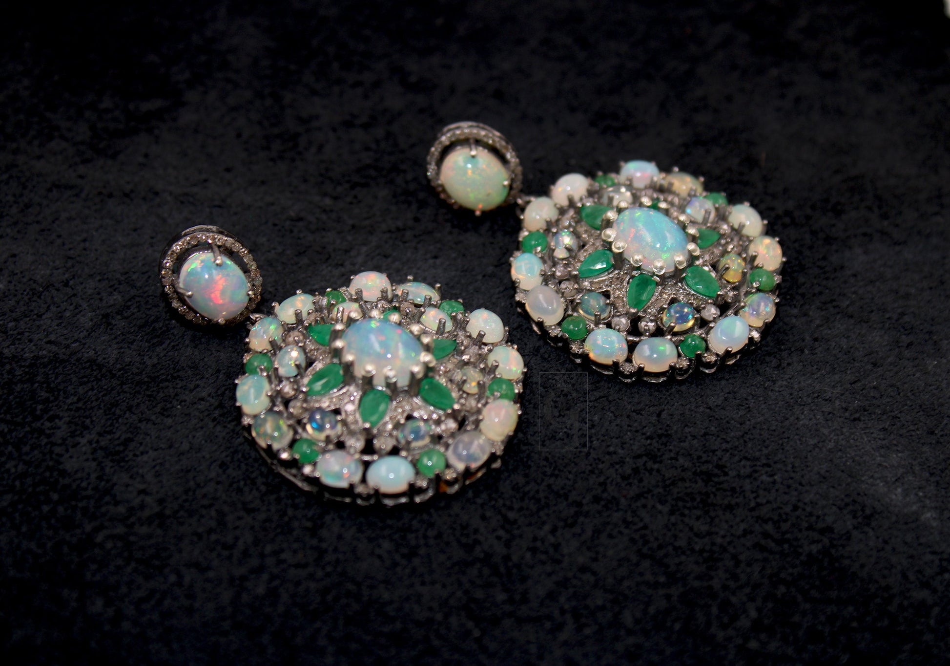 Antique Look Opal Emerald Earring Designer Earring Rosecut Pave Diamond Earrings 925 Sterling Silver Handmade Silver Finish Diamond Earring