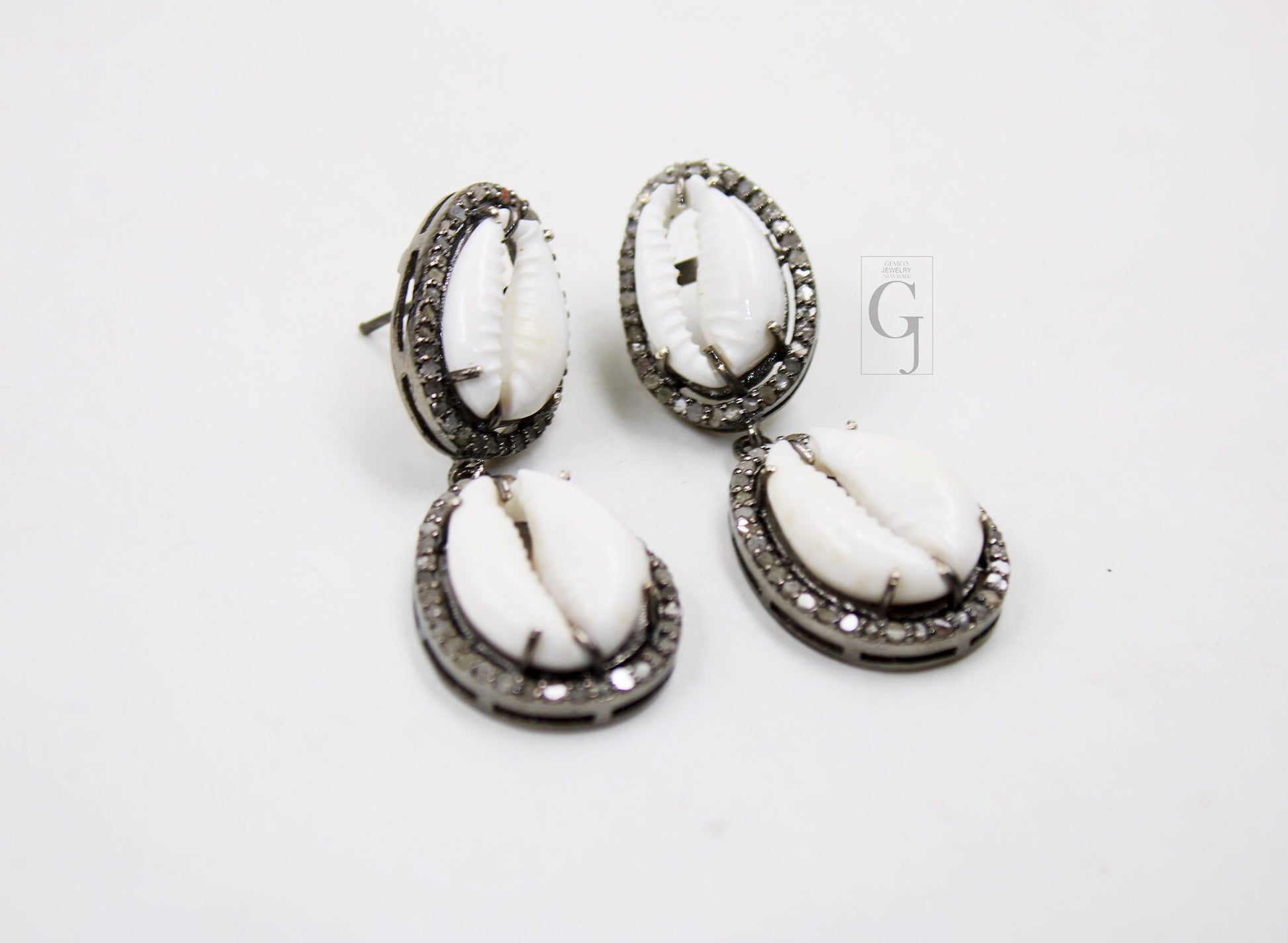 One Of a Kind Cowrie Designer Rosecut Pave Diamond Dangle Earrings 925 Sterling Silver Handmade Silver Finish Diamond Round Earrings