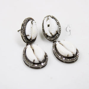 One Of a Kind Cowrie Designer Rosecut Pave Diamond Dangle Earrings 925 Sterling Silver Handmade Silver Finish Diamond Round Earrings