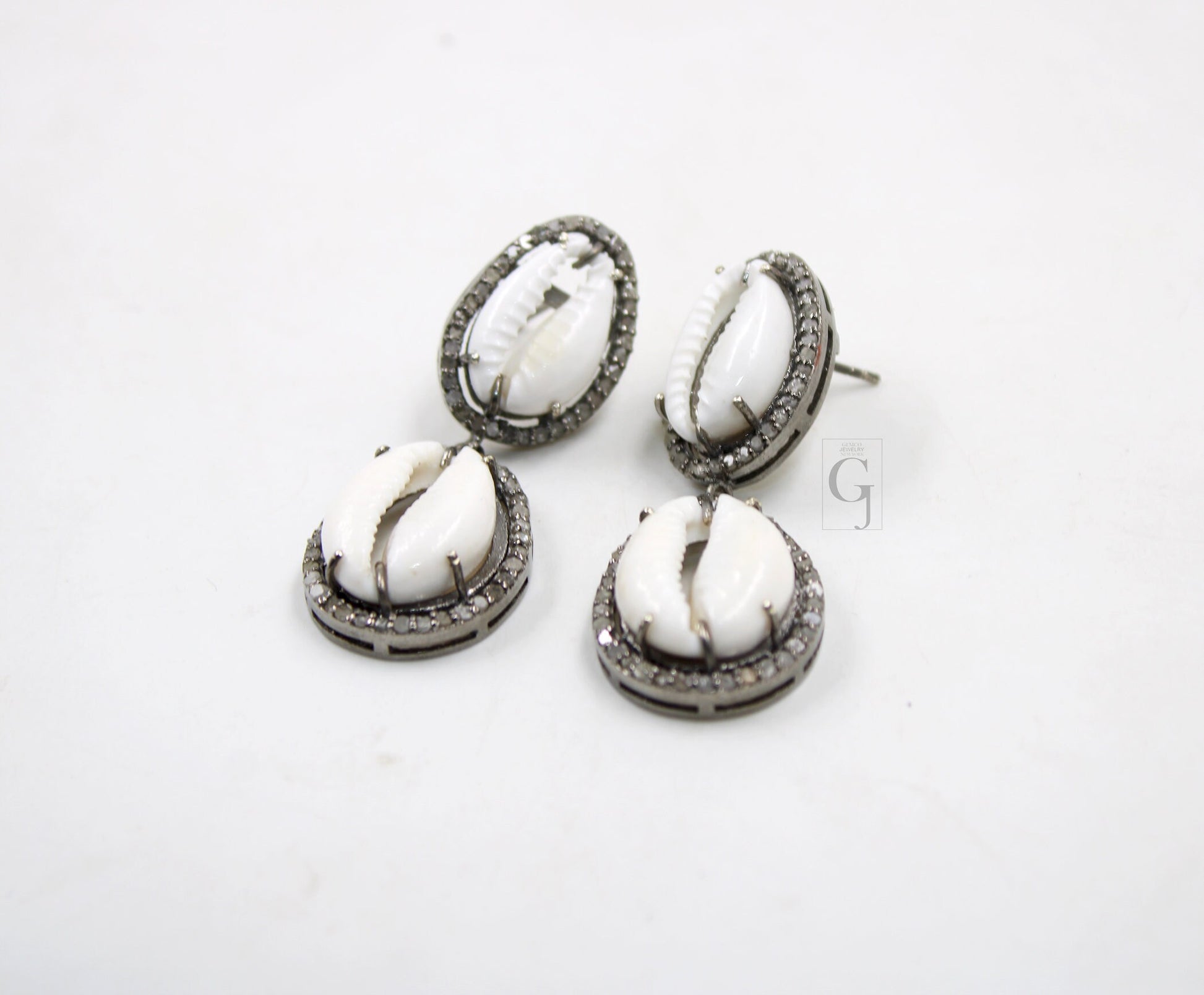 One Of a Kind Cowrie Designer Rosecut Pave Diamond Dangle Earrings 925 Sterling Silver Handmade Silver Finish Diamond Round Earrings