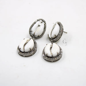 One Of a Kind Cowrie Designer Rosecut Pave Diamond Dangle Earrings 925 Sterling Silver Handmade Silver Finish Diamond Round Earrings