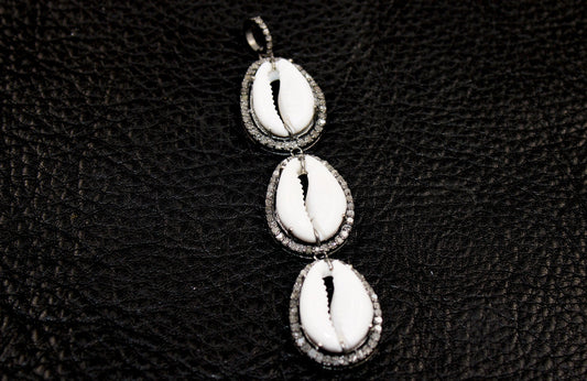 Beautiful Designer 3 Cowries Connecting Pendant Diamond Rosecut Pave Diamond Pendant 925 Sterling Silver Handmade Diamond Necklace Pendant