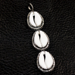 Beautiful Designer 3 Cowries Connecting Pendant Diamond Rosecut Pave Diamond Pendant 925 Sterling Silver Handmade Diamond Necklace Pendant