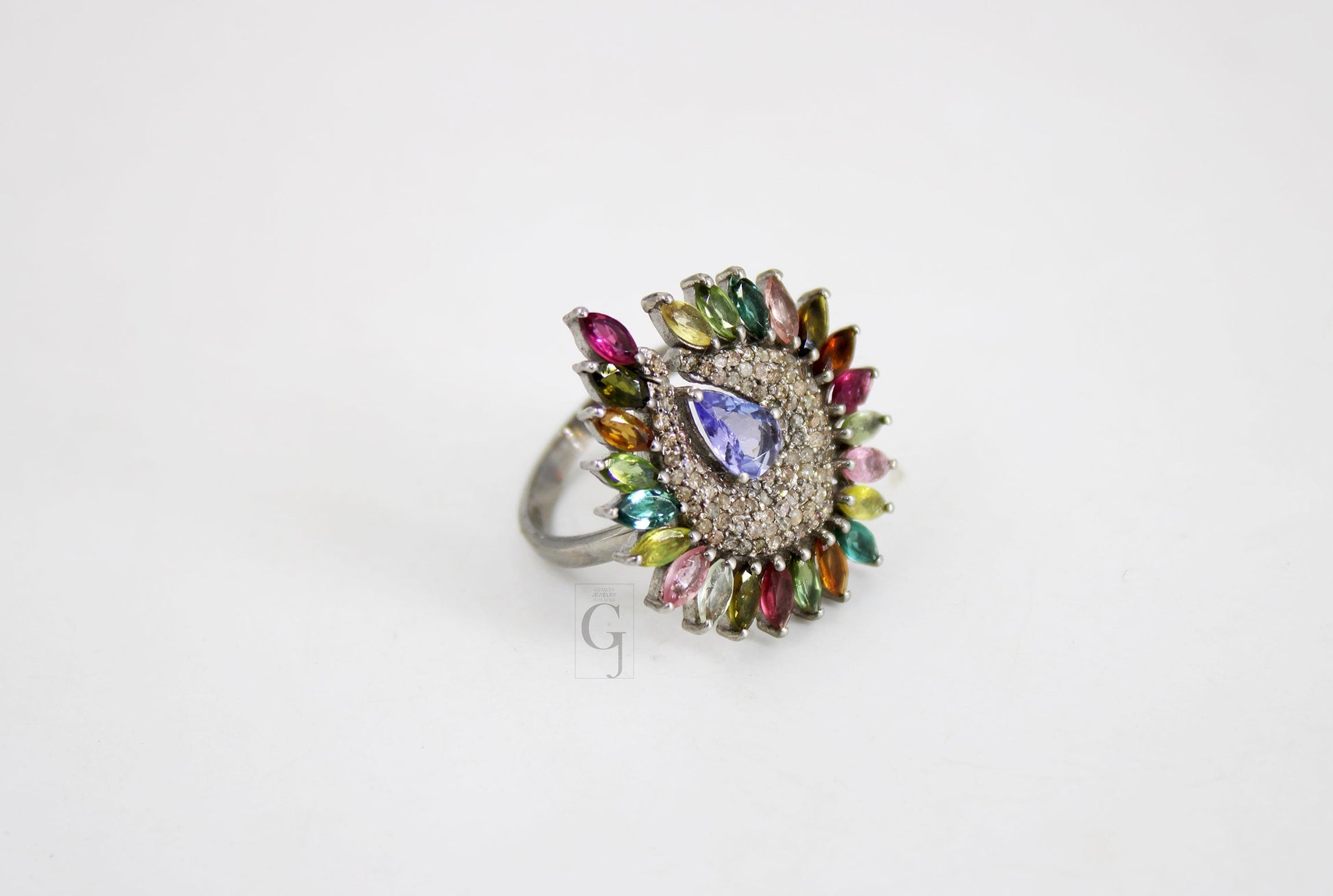 Peacock Style Multi Tourmaline Ring Tanzanite Designer Rosecut Pave Diamond Rings 925 Sterling Silver Handmade Silver Finish Diamond Ring