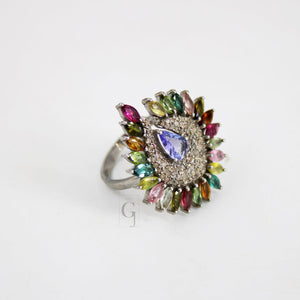 Peacock Style Multi Tourmaline Ring Tanzanite Designer Rosecut Pave Diamond Rings 925 Sterling Silver Handmade Silver Finish Diamond Ring