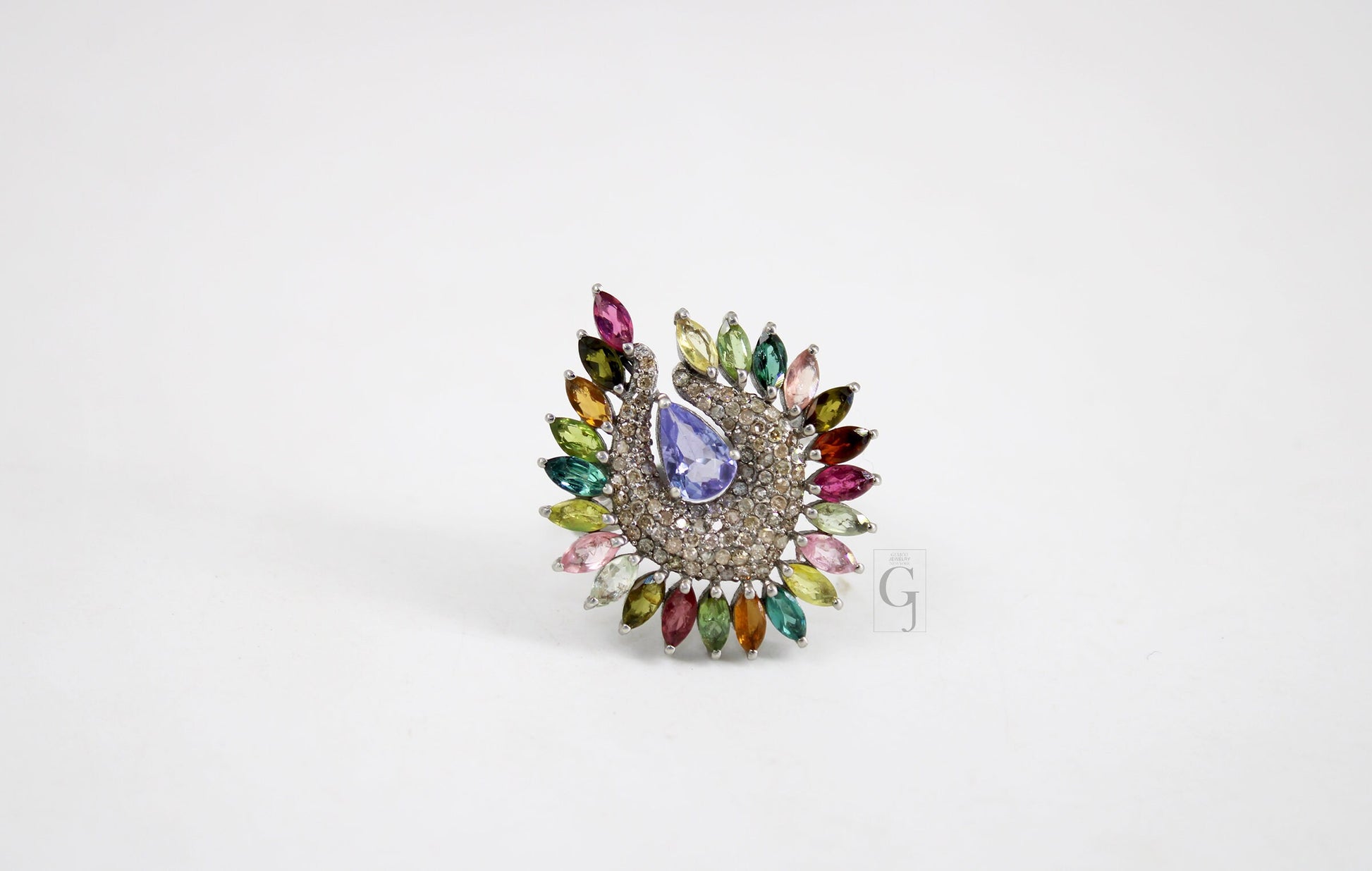 Peacock Style Multi Tourmaline Ring Tanzanite Designer Rosecut Pave Diamond Rings 925 Sterling Silver Handmade Silver Finish Diamond Ring