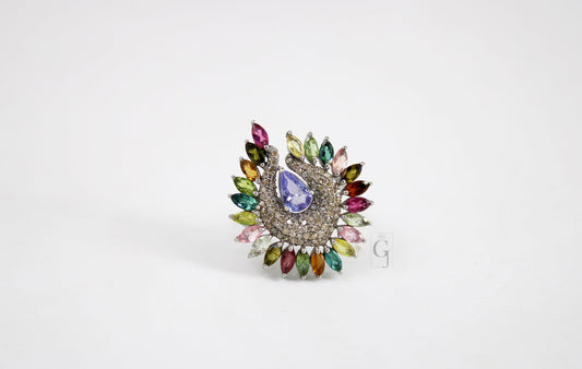 Peacock Style Multi Tourmaline Ring Tanzanite Designer Rosecut Pave Diamond Rings 925 Sterling Silver Handmade Silver Finish Diamond Ring