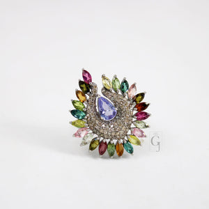 Peacock Style Multi Tourmaline Ring Tanzanite Designer Rosecut Pave Diamond Rings 925 Sterling Silver Handmade Silver Finish Diamond Ring