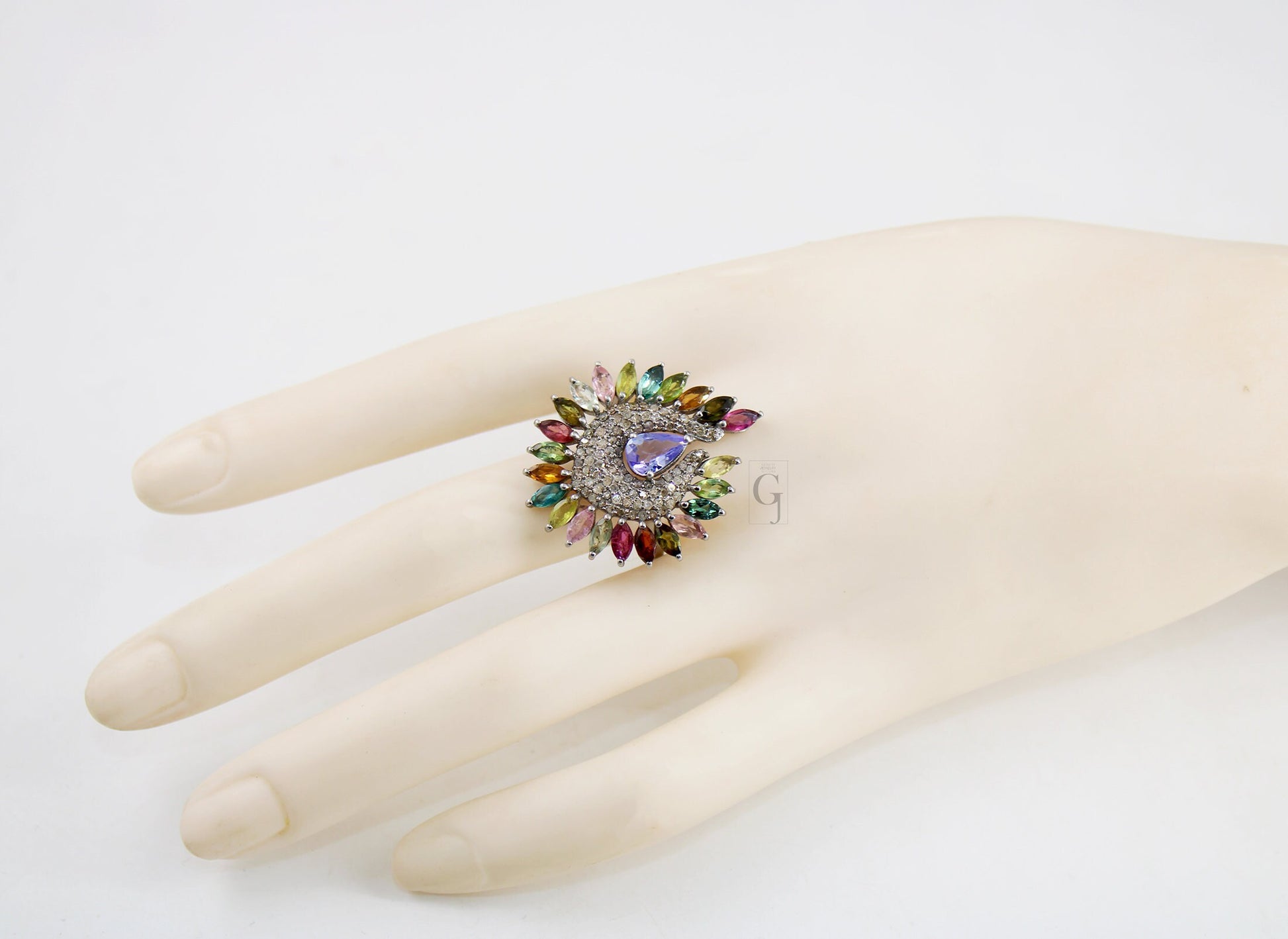 Peacock Style Multi Tourmaline Ring Tanzanite Designer Rosecut Pave Diamond Rings 925 Sterling Silver Handmade Silver Finish Diamond Ring