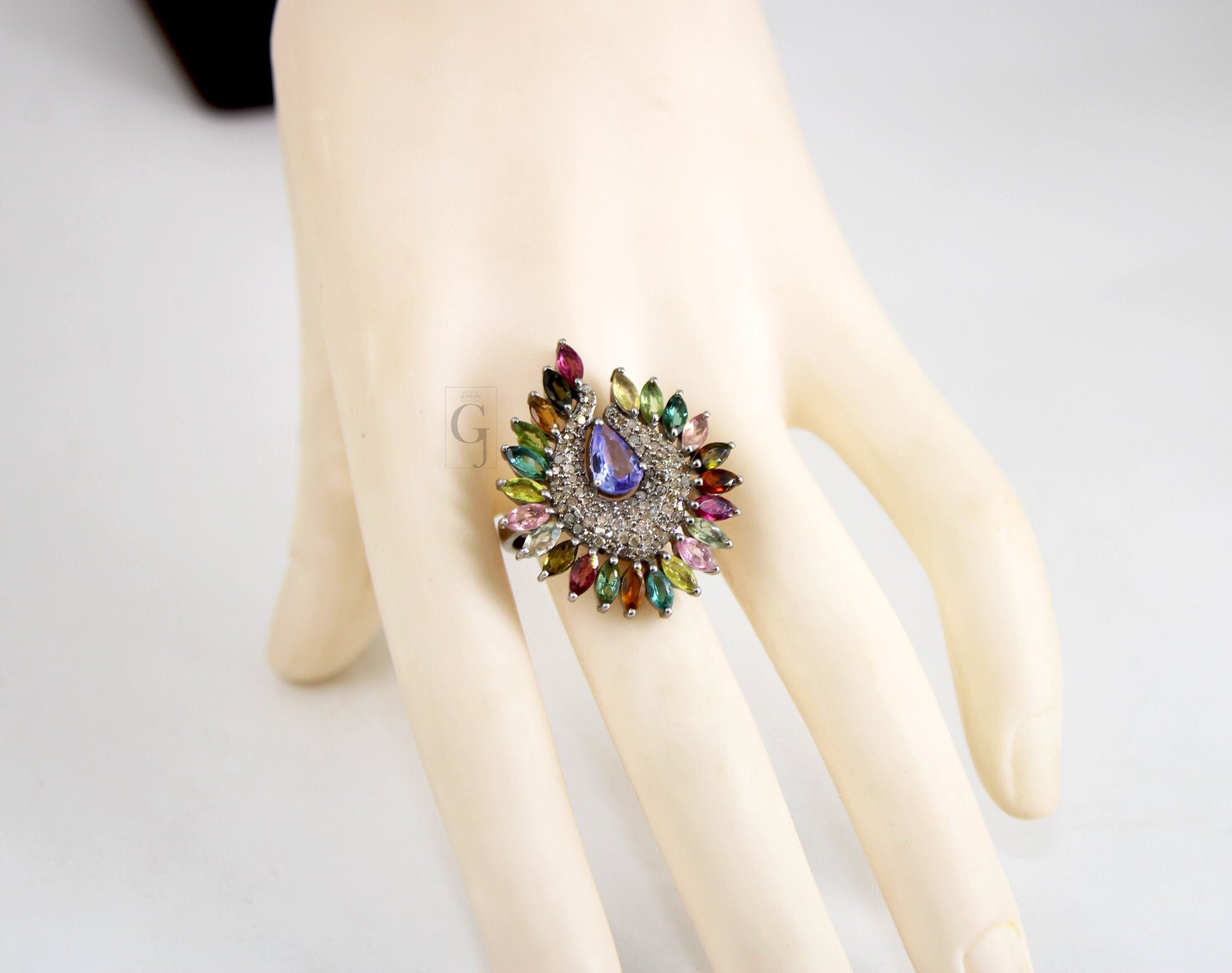 Peacock Style Multi Tourmaline Ring Tanzanite Designer Rosecut Pave Diamond Rings 925 Sterling Silver Handmade Silver Finish Diamond Ring