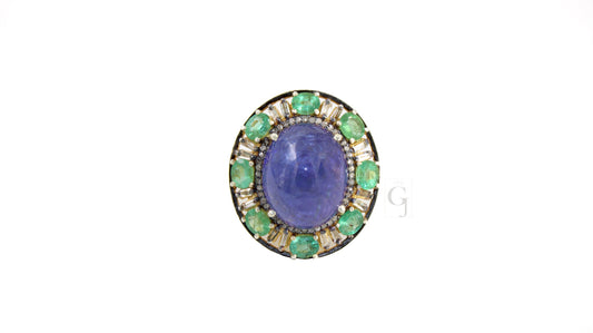 Royal Look 14k Gold Finish Tanzanite Ring , Emerald Ring  Design Rosecut Pave Diamond Ring 925 Sterling Silver Handmade Finish Diamond Ring