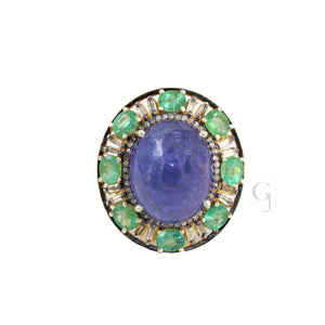 Royal Look 14k Gold Finish Tanzanite Ring , Emerald Ring  Design Rosecut Pave Diamond Ring 925 Sterling Silver Handmade Finish Diamond Ring