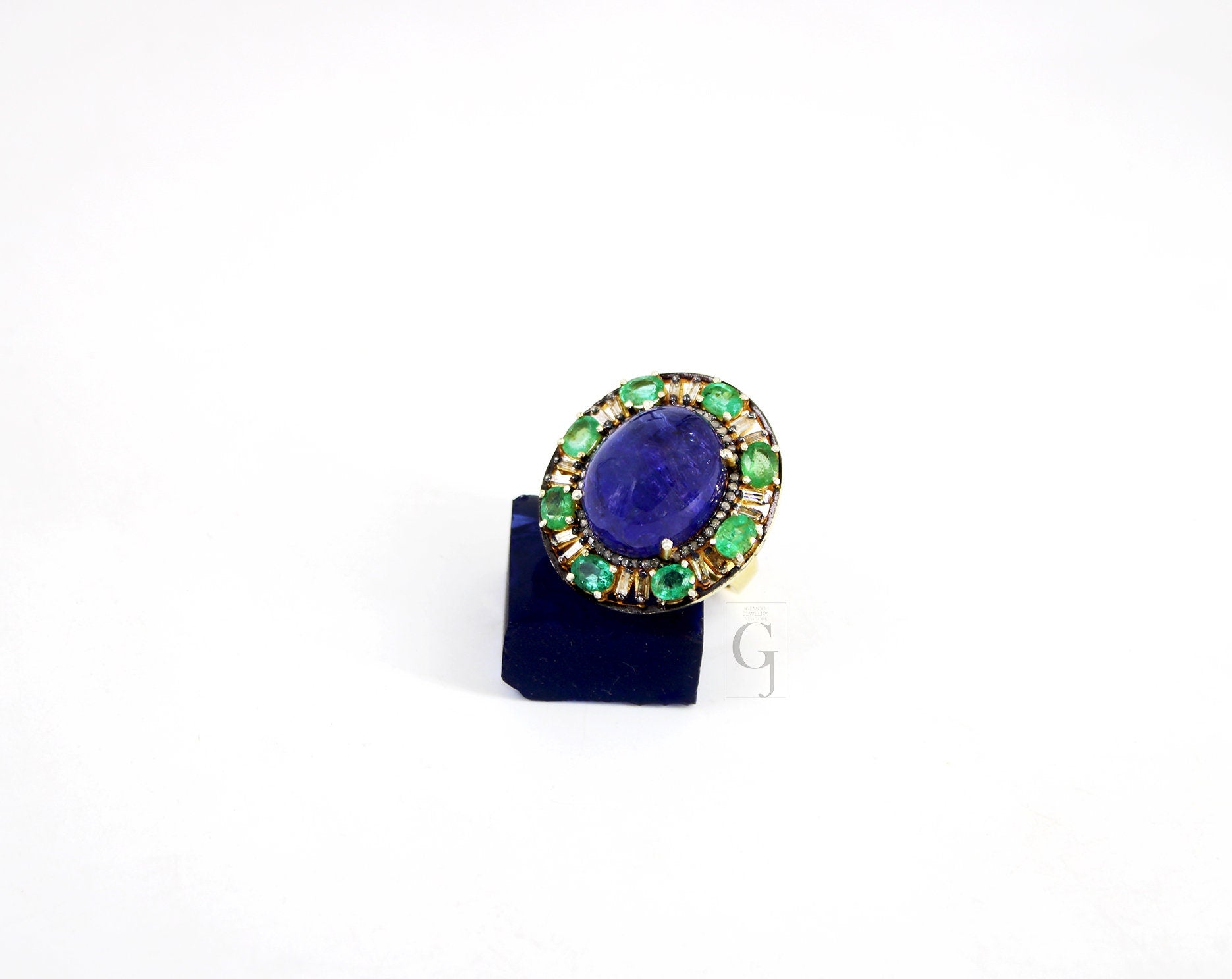 Royal Look 14k Gold Finish Tanzanite Ring , Emerald Ring  Design Rosecut Pave Diamond Ring 925 Sterling Silver Handmade Finish Diamond Ring