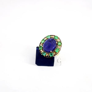 Royal Look 14k Gold Finish Tanzanite Ring , Emerald Ring  Design Rosecut Pave Diamond Ring 925 Sterling Silver Handmade Finish Diamond Ring