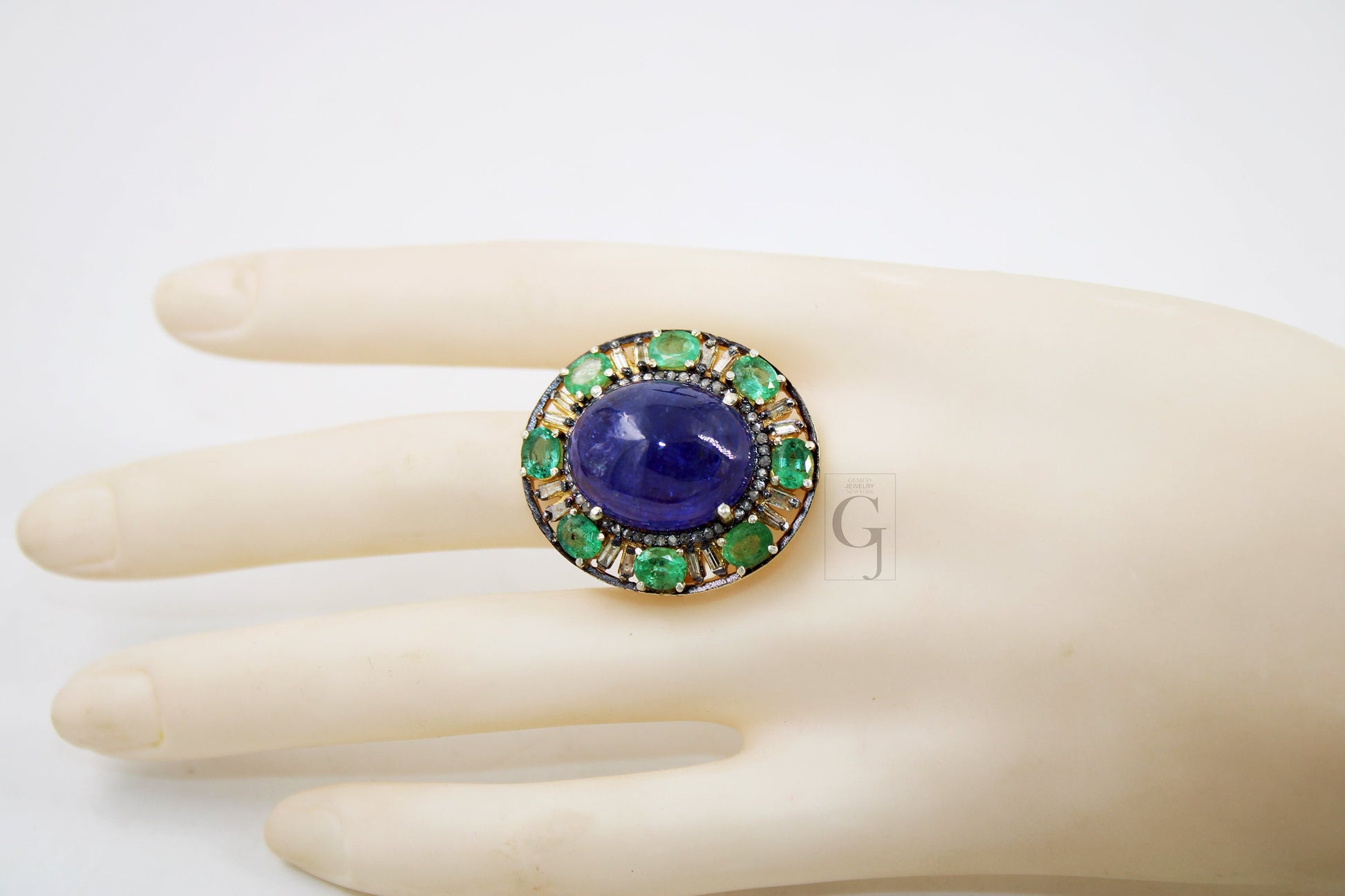 Royal Look 14k Gold Finish Tanzanite Ring , Emerald Ring  Design Rosecut Pave Diamond Ring 925 Sterling Silver Handmade Finish Diamond Ring