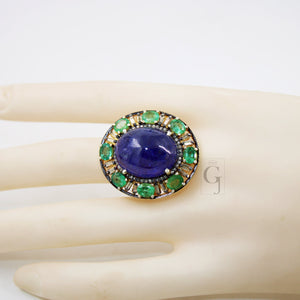 Royal Look 14k Gold Finish Tanzanite Ring , Emerald Ring  Design Rosecut Pave Diamond Ring 925 Sterling Silver Handmade Finish Diamond Ring