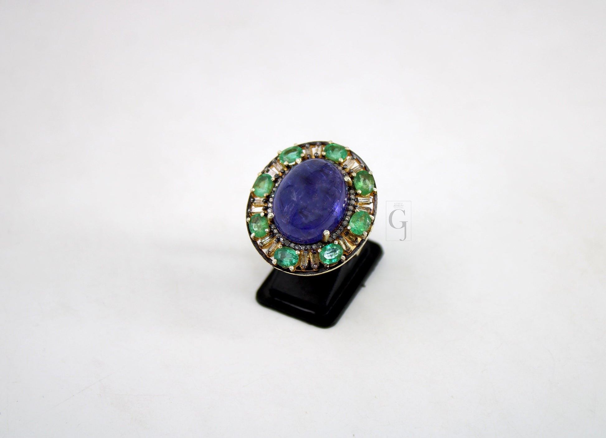 Royal Look 14k Gold Finish Tanzanite Ring , Emerald Ring  Design Rosecut Pave Diamond Ring 925 Sterling Silver Handmade Finish Diamond Ring