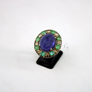 Royal Look 14k Gold Finish Tanzanite Ring , Emerald Ring  Design Rosecut Pave Diamond Ring 925 Sterling Silver Handmade Finish Diamond Ring