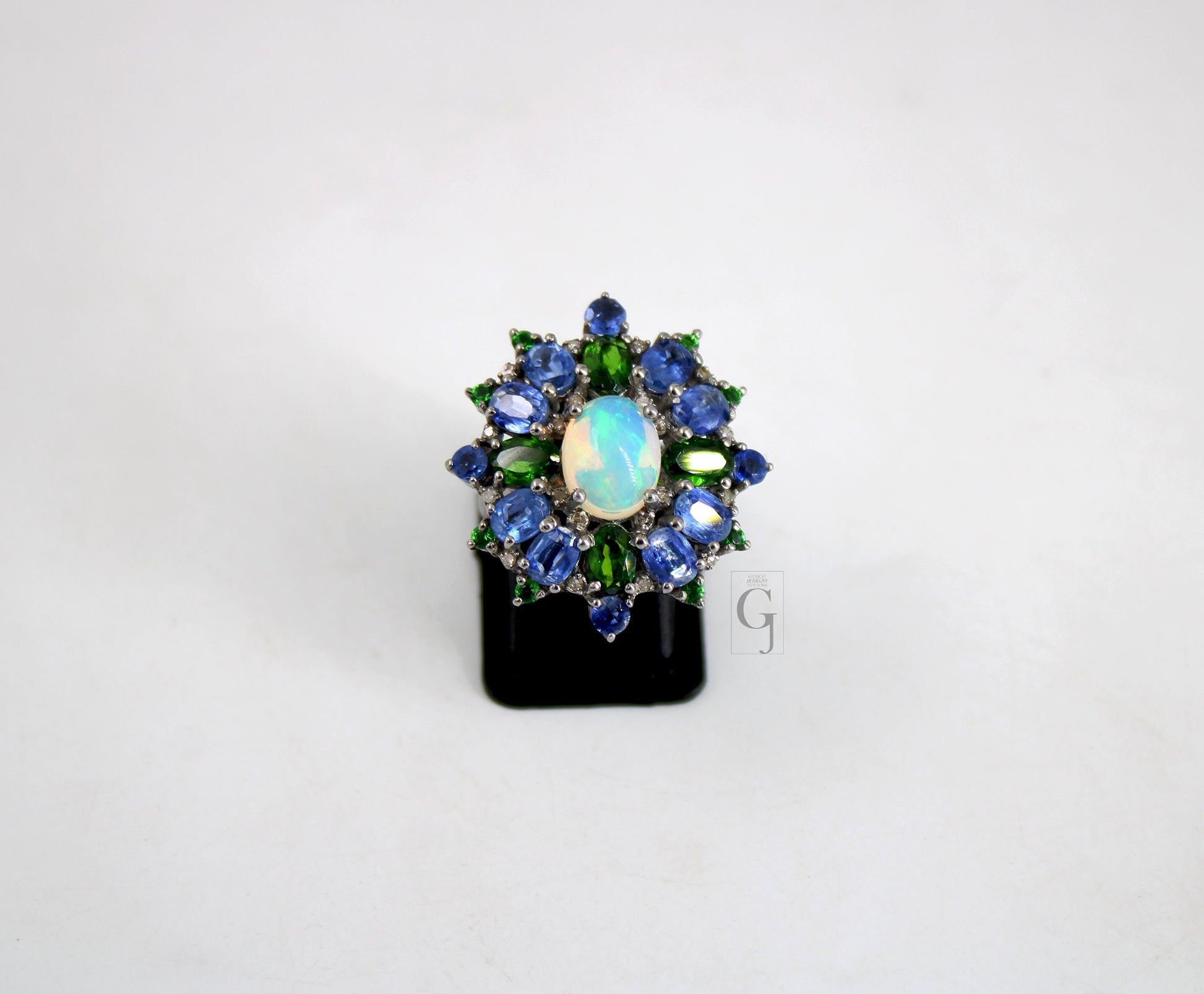 Beautiful Opal Ring, Kyanite Ring, Chrome Diopside Ring Design Rosecut Pave Diamond Ring 925 Sterling Silver Handmade Finish Diamond Ring