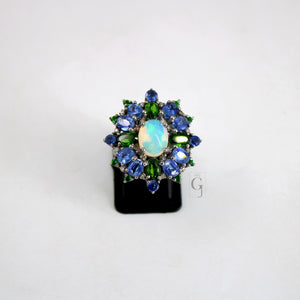 Beautiful Opal Ring, Kyanite Ring, Chrome Diopside Ring Design Rosecut Pave Diamond Ring 925 Sterling Silver Handmade Finish Diamond Ring