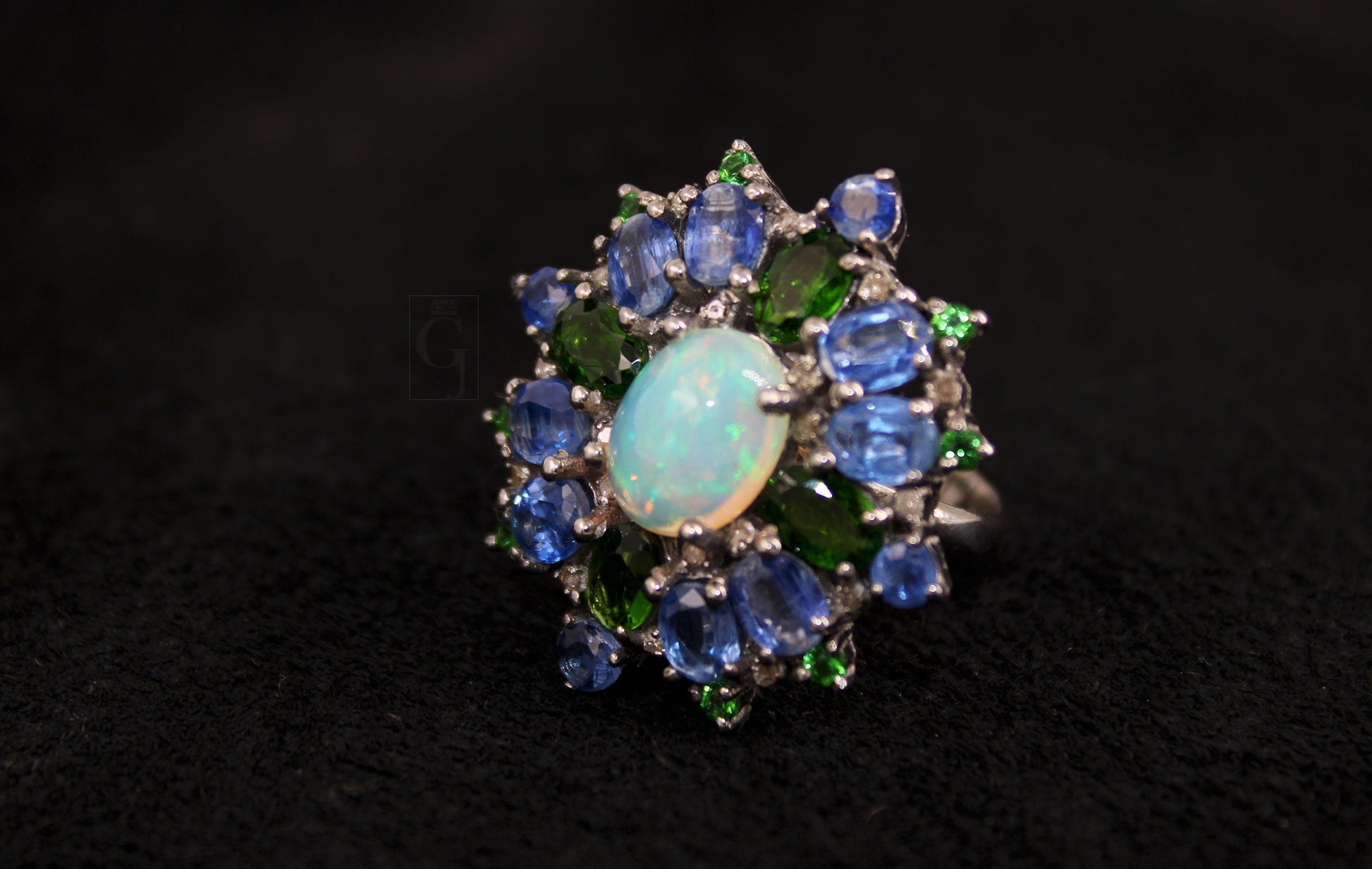 Beautiful Opal Ring, Kyanite Ring, Chrome Diopside Ring Design Rosecut Pave Diamond Ring 925 Sterling Silver Handmade Finish Diamond Ring