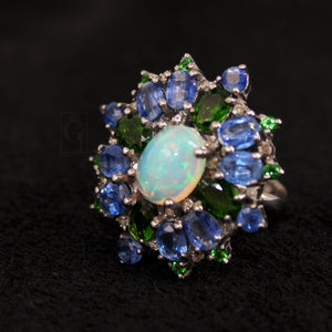 Beautiful Opal Ring, Kyanite Ring, Chrome Diopside Ring Design Rosecut Pave Diamond Ring 925 Sterling Silver Handmade Finish Diamond Ring