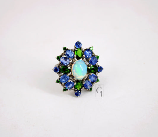 Beautiful Opal Ring, Kyanite Ring, Chrome Diopside Ring Design Rosecut Pave Diamond Ring 925 Sterling Silver Handmade Finish Diamond Ring