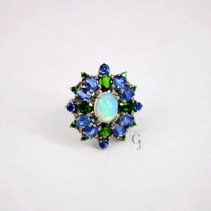 Beautiful Opal Ring, Kyanite Ring, Chrome Diopside Ring Design Rosecut Pave Diamond Ring 925 Sterling Silver Handmade Finish Diamond Ring