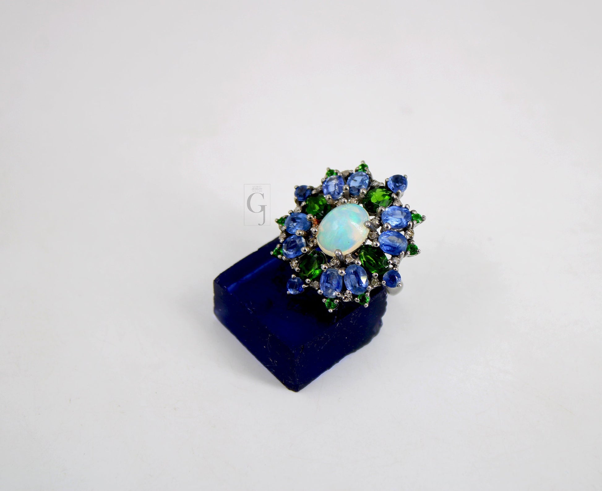 Beautiful Opal Ring, Kyanite Ring, Chrome Diopside Ring Design Rosecut Pave Diamond Ring 925 Sterling Silver Handmade Finish Diamond Ring